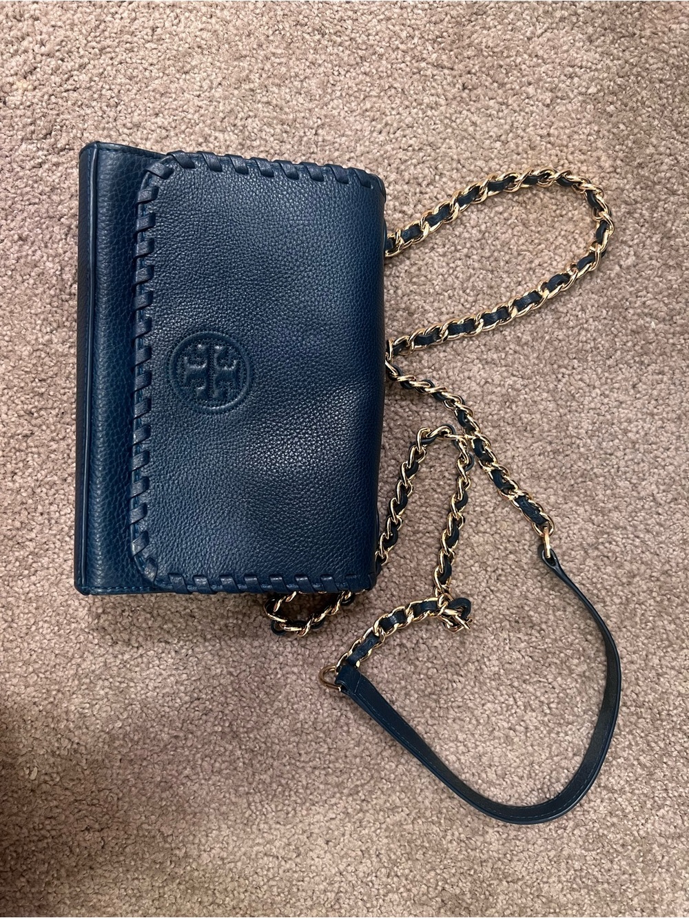 Tory Burch Navy Leather Whipstitch Chain Crossbody